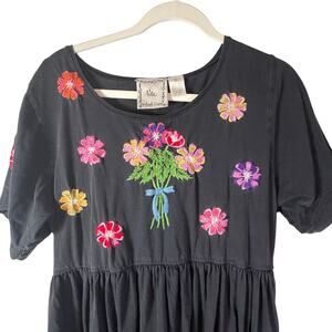 Michael Simon Vintage 90s Black Embroidered Floral Dress XL